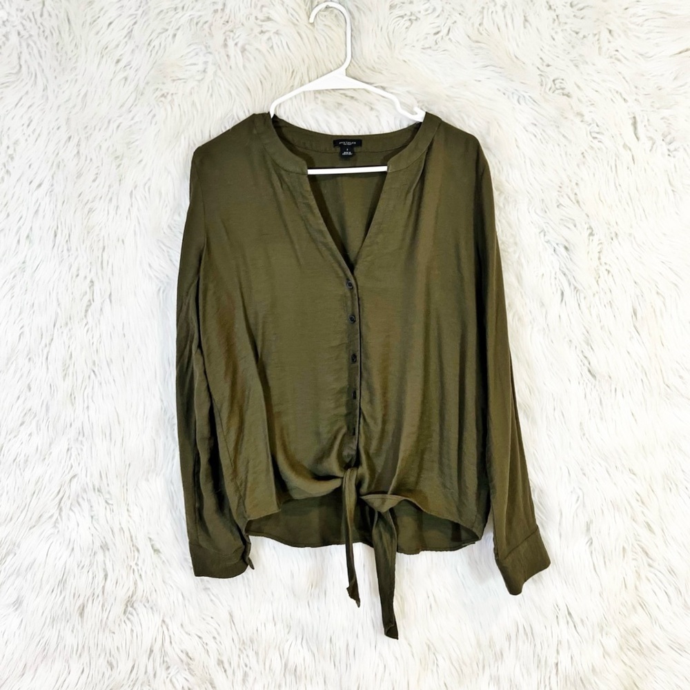 Ann Taylor Women's Small Olive Green Button Front Tie Waist Blouse
